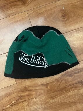 Von Dutch Black and Green Logo Beanie